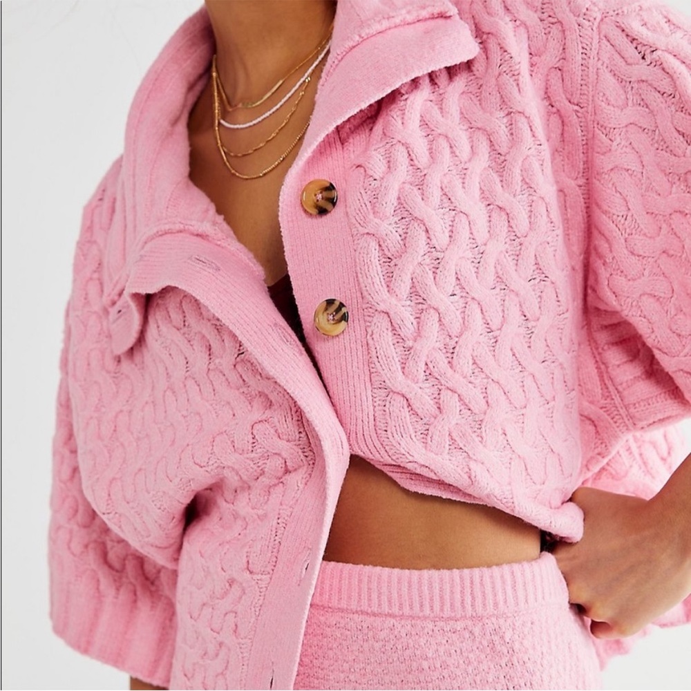 Free People Pink Cable Knit Cropped Sweater and matching skirt